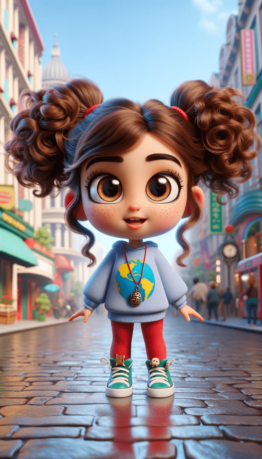 DALL·E-2023-10-18-18.56.54-3D-animated-glossy-Chibi-art-style-of-Mia.-She-is-standing-in-a-lively-city-setting-reminiscent-of-London-or-New-York.-Mia-has-curly-brown-hair-tied-.png